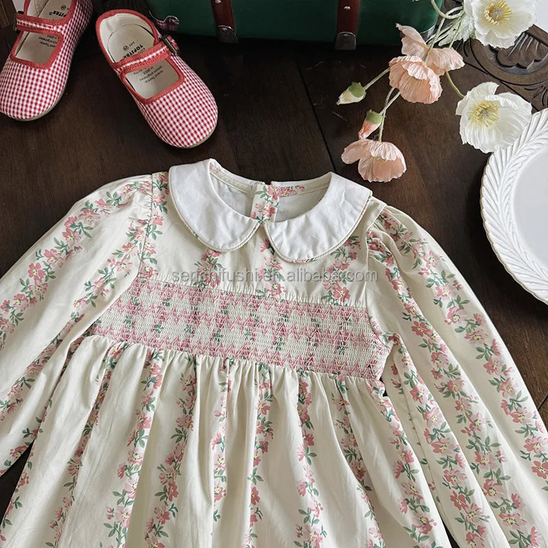 D338 Children's Clothing French Printing to Win Girl Dress Autumn Doll Collar Sweet Long Sleeve Princess Skirt 100% Cotton