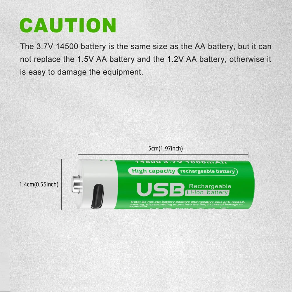 PUJIMAX Hot Selling 14500 3.7v USB Li-ion Battery 3700mwh Rechargeable Lithium Ion Cell Battery for Flashlights, Headlamps