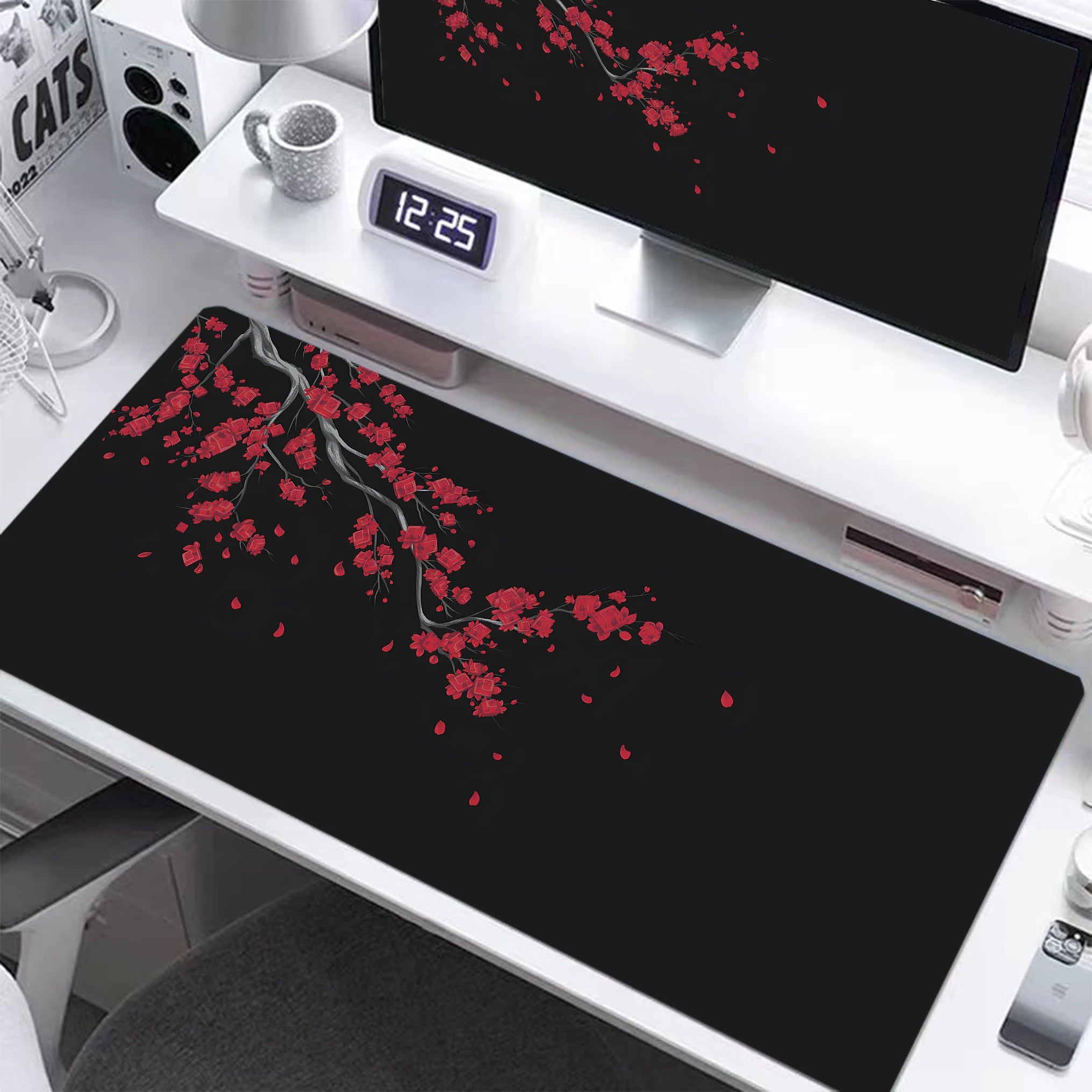 Dark Purple Cherry Blossom Desk Mat, Minimalist Japanese Aesthetic Large Extended Mouse Pad Smooth Surface Ordinateur Portable