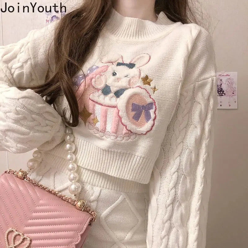Joinyouth Japanese Fashion Suit Two Piece Set Women Ribbed Cropped Pullovers Bodycon Mini Skirt Ropa Mujer Knitted 2 Piece Set
