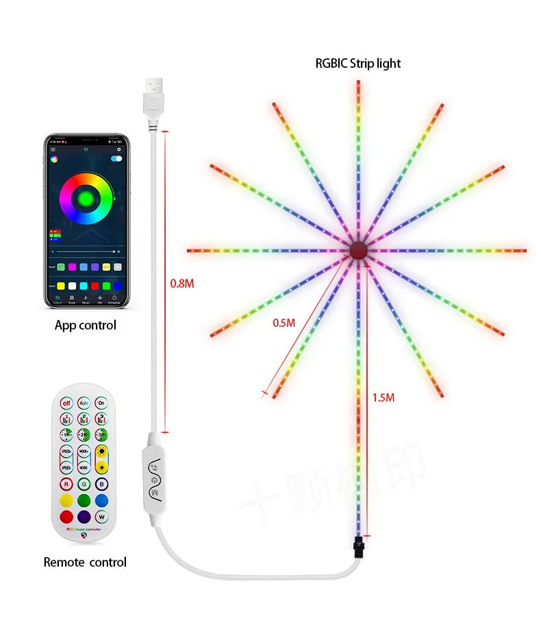 USB Powered Dream Color RGB RGBIC Smart App Remote Control Electronic String Wall Stripes Changing LED Firework Lights