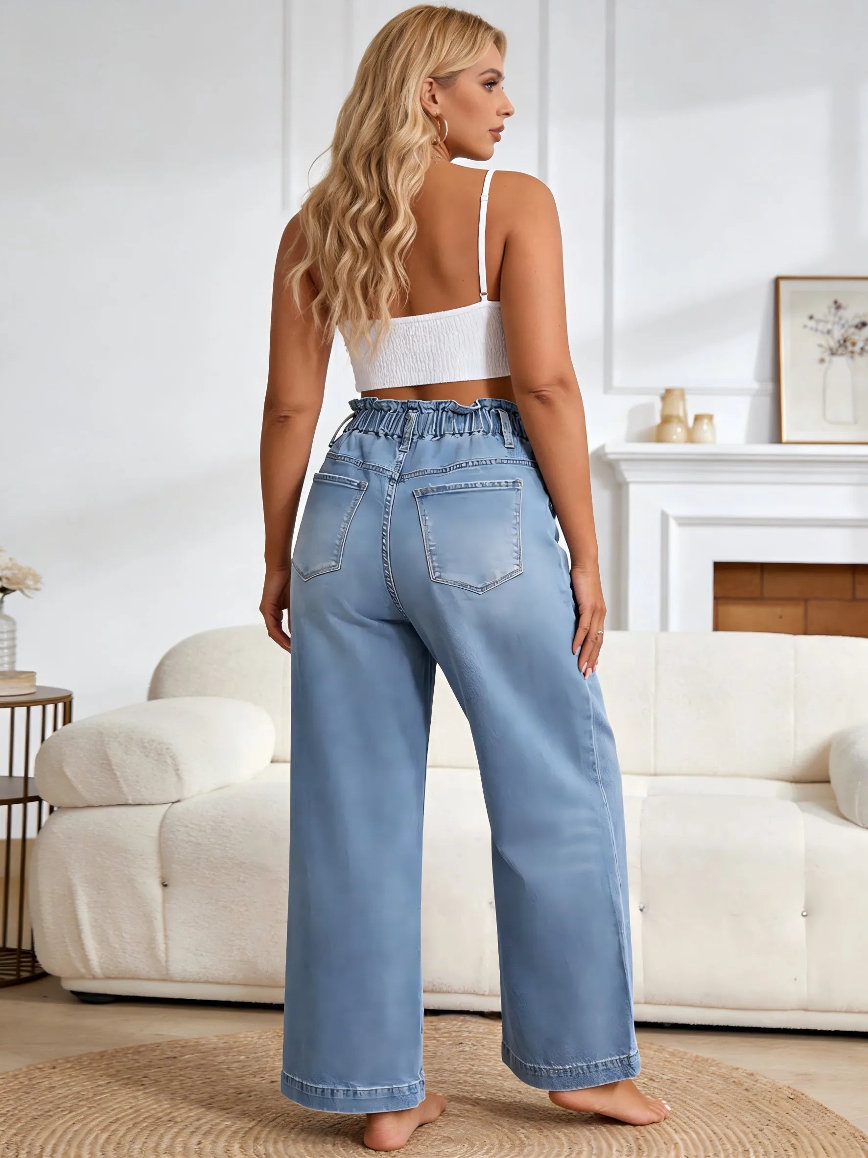 2026 Plus Size Drawstring Ruffle Elastic Waist Wide Leg Jeans Women Light Wash Loose Stretch Denim Pants