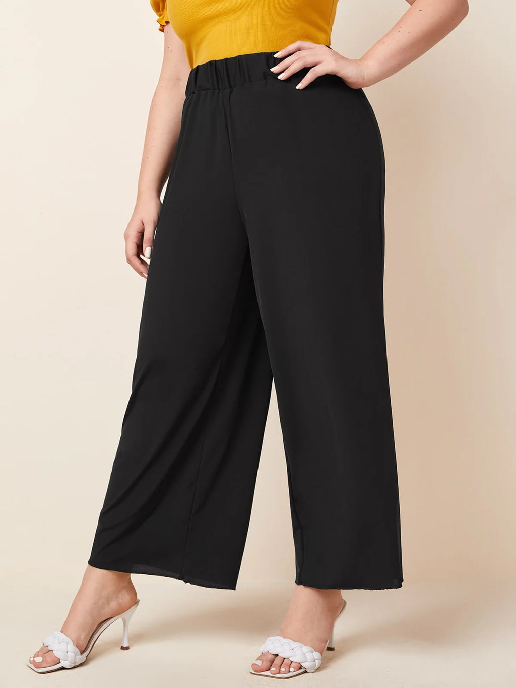 Plus Size Elastic Waist Summer Elegant Wide Leg Pants Solid Black Lettuce Trim Loose Casual Straight Pants Trousers Bottoms 6XL