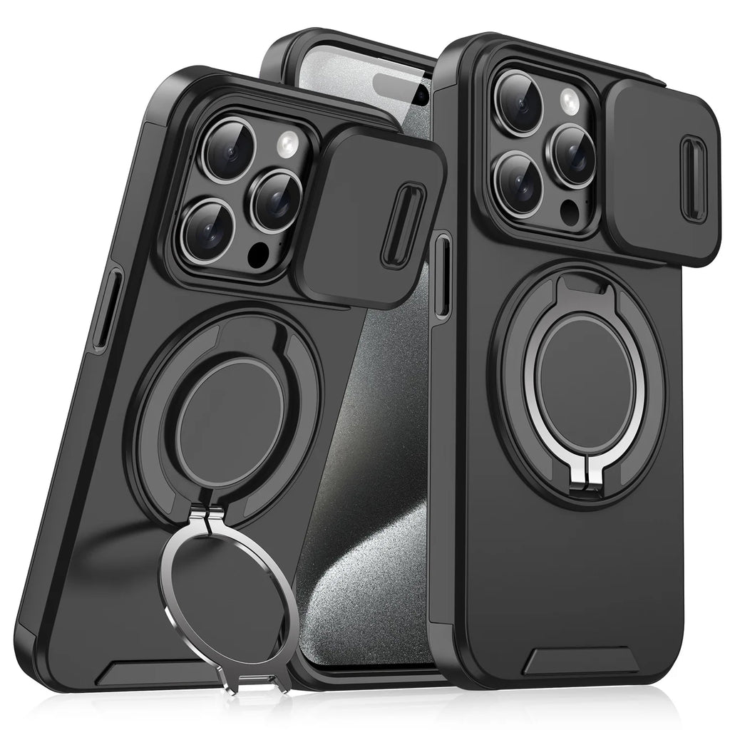 PremiumHeavy Duty Antishock Rotating Stand Phone Case for iPhone 16 Pro Max Magnetic Camera Sliding Cover Shockproof Case