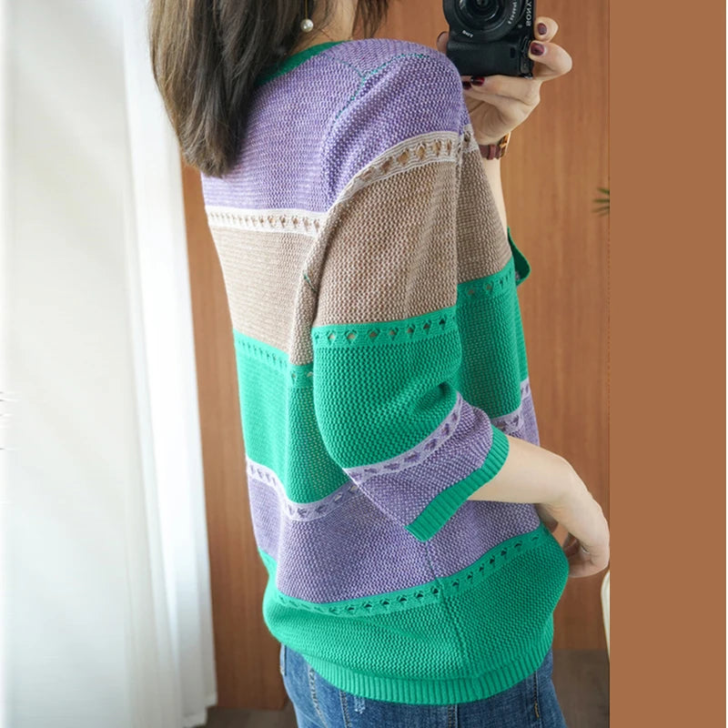 Summer Women knitted Short sleeve 2026 Thin Sweater Female Hollow Out Turtleneck Pullover Ladies knit Cotton Loose Jumpers