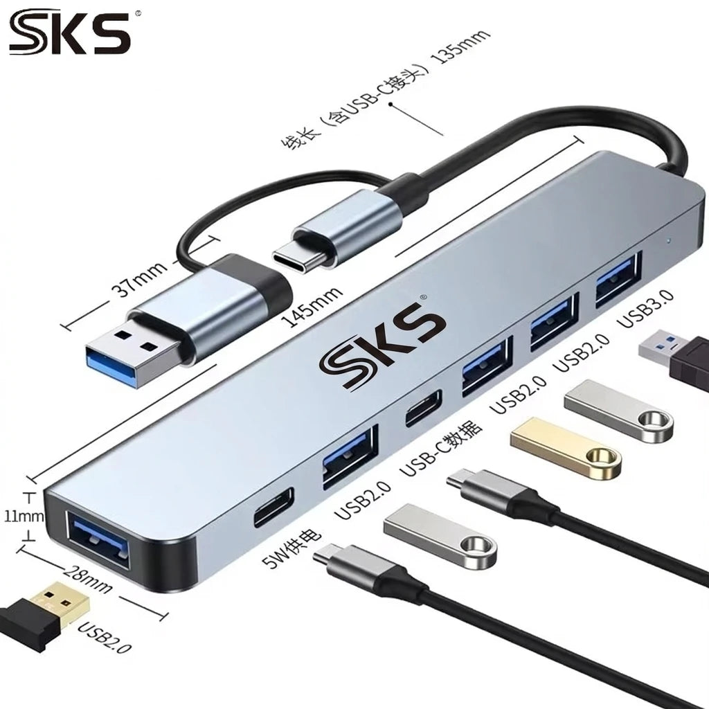 7 in 1 USB 3.0 Hub Dual Input USB Type C Splitter Multi Port USB Adapter With PD Charging for Laptop PC Phone
