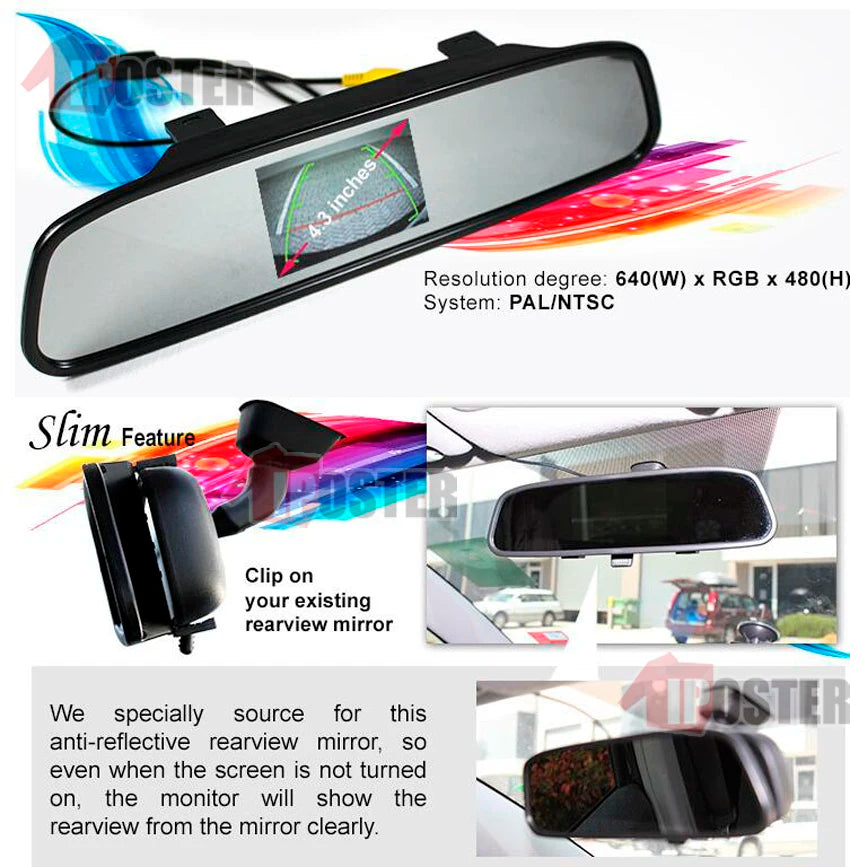 IPoster 2-In-1 4.3 Inch Car Rear View Mirror Monitor with 360 Car Rear View Backup Reversing Camera Night View Kit 12v Universal