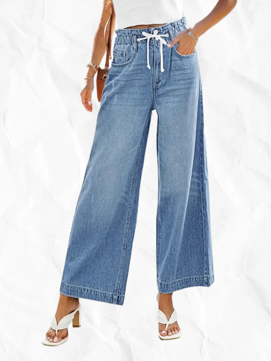 Elastic Ruffled Paperbag Waist Drawstring Loose Wide Leg Light Wash Women's Jeans New Summer Women's Clothing Apparel Clothes