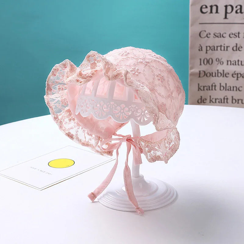 Lace Ruffle Baby Girl Bonnet Hat Spring Summer Breathable Mesh Kids Hat Sweet Princess Adjustable Beanies Hat for Newborn Infant