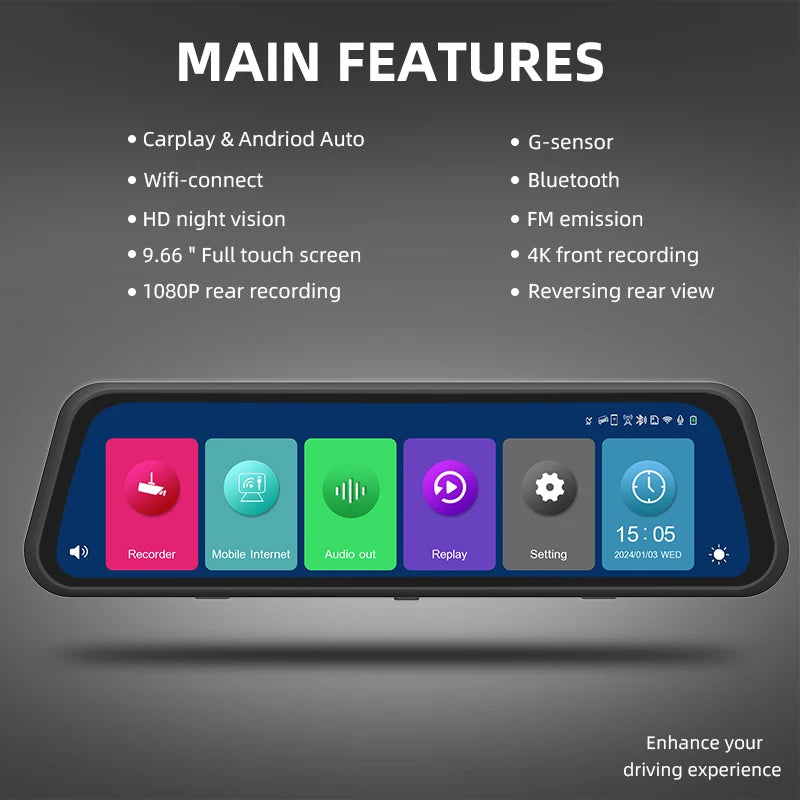 Android Rearview Mirror with Recording Function 9.66" Dual Recorder CarPlay Dashcam for Cars