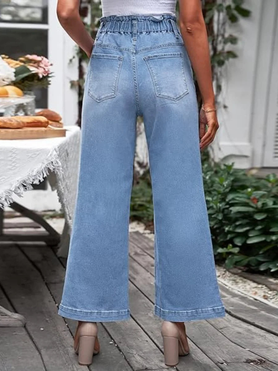 Elastic Ruffled Paperbag Waist Drawstring Loose Wide Leg Light Wash Women's Jeans New Summer Women's Clothing Apparel Clothes
