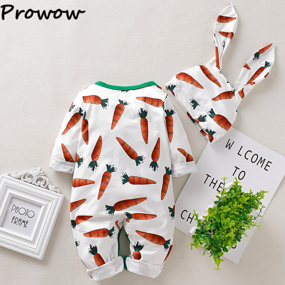 Prowow Baby Easter Costume Girls Boys Long Sleeve Carrot Printed Rompers+Rabbit Hat Bodysuit For Newborns Baby Easter Outfits
