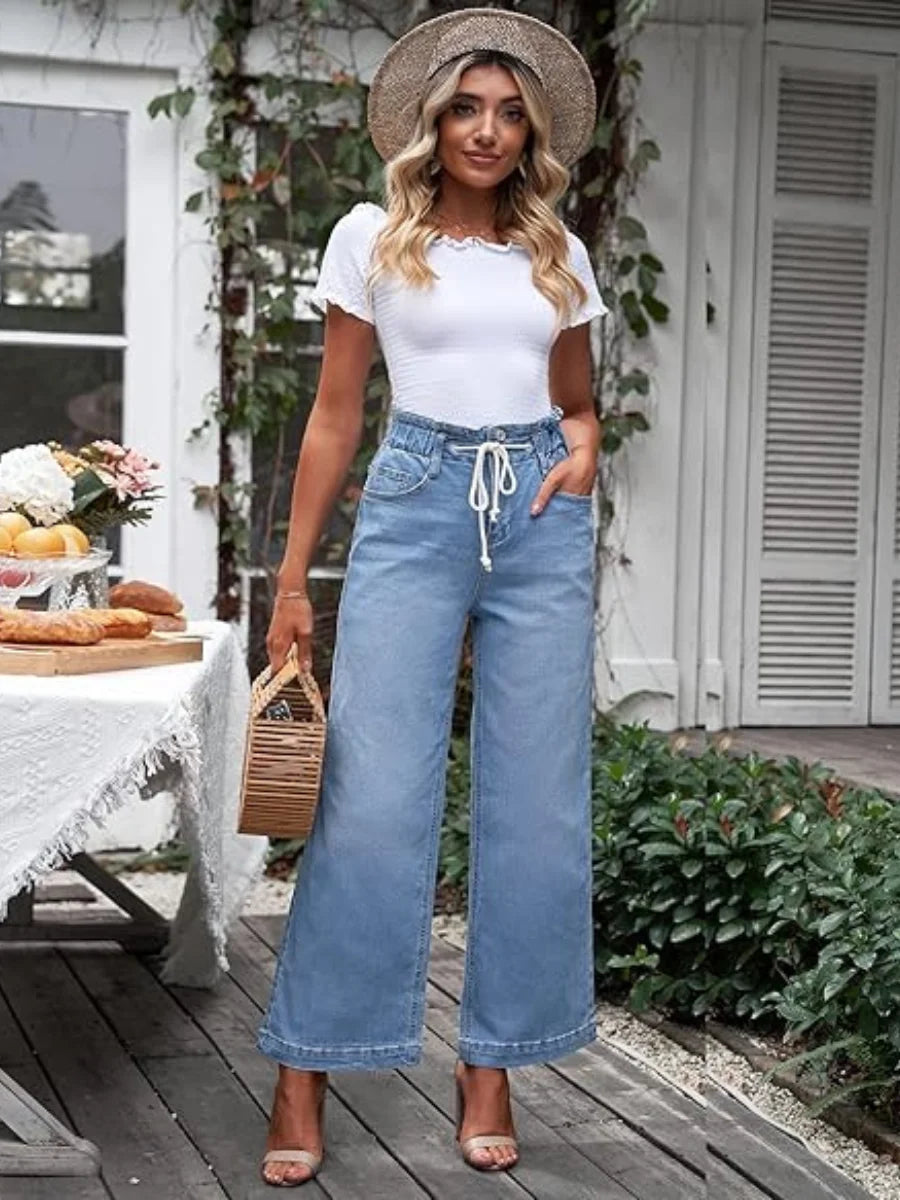 Elastic Ruffled Paperbag Waist Drawstring Loose Wide Leg Light Wash Women's Jeans New Summer Women's Clothing Apparel Clothes