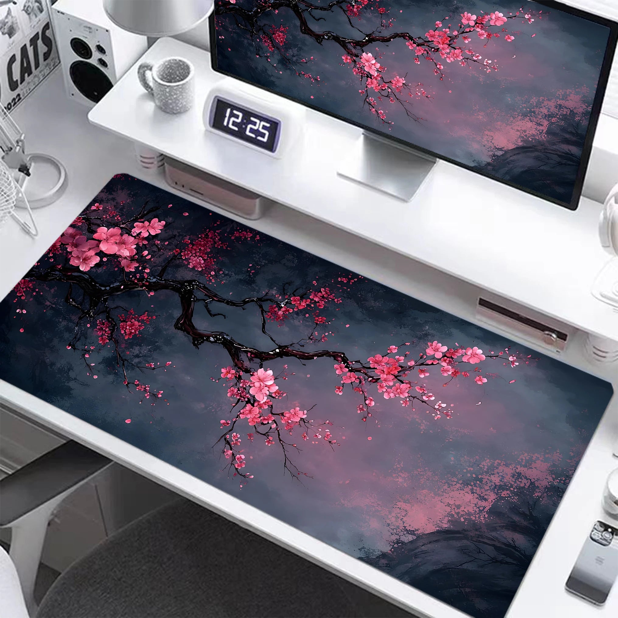 Dark Purple Cherry Blossom Desk Mat, Minimalist Japanese Aesthetic Large Extended Mouse Pad Smooth Surface Ordinateur Portable