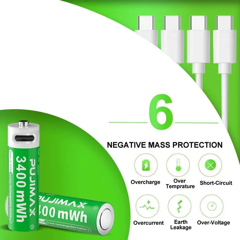 PUJIMAX 2Pcs High Capacity 3400mWh Rechargeable Type C Usb Battery 1.5V AA Cylindrical Lithium Ion Batteries for Toys