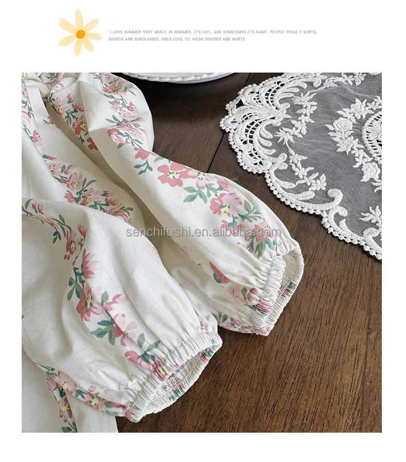 D338 Children's Clothing French Printing to Win Girl Dress Autumn Doll Collar Sweet Long Sleeve Princess Skirt 100% Cotton