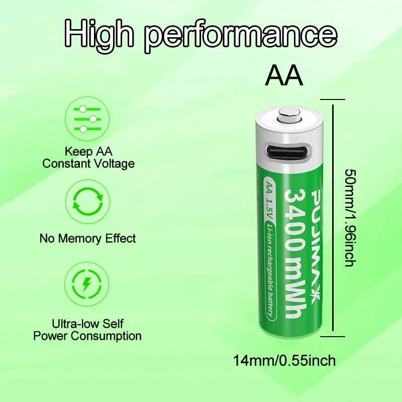 PUJIMAX 2Pcs High Capacity 3400mWh Rechargeable Type C Usb Battery 1.5V AA Cylindrical Lithium Ion Batteries for Toys