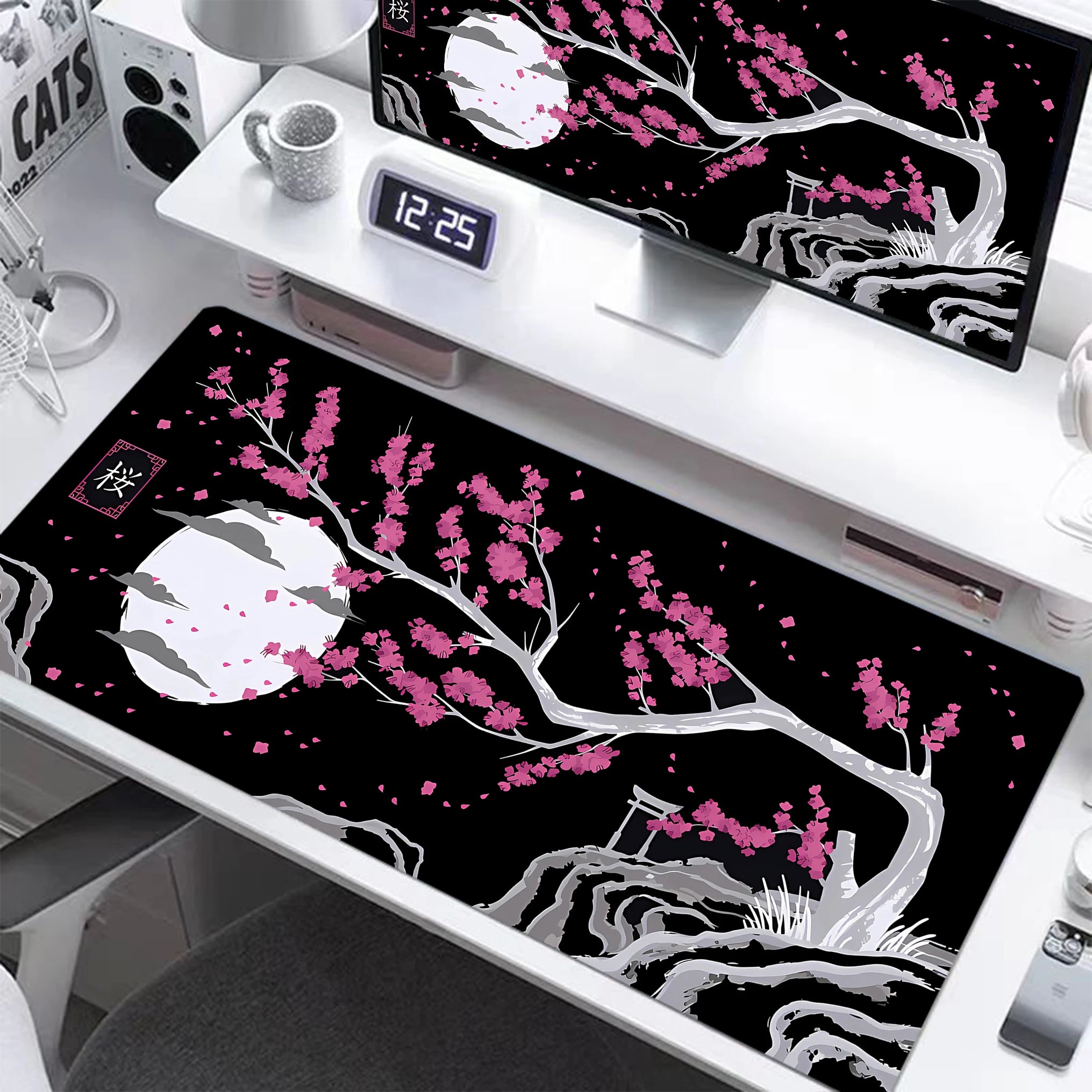 Dark Purple Cherry Blossom Desk Mat, Minimalist Japanese Aesthetic Large Extended Mouse Pad Smooth Surface Ordinateur Portable