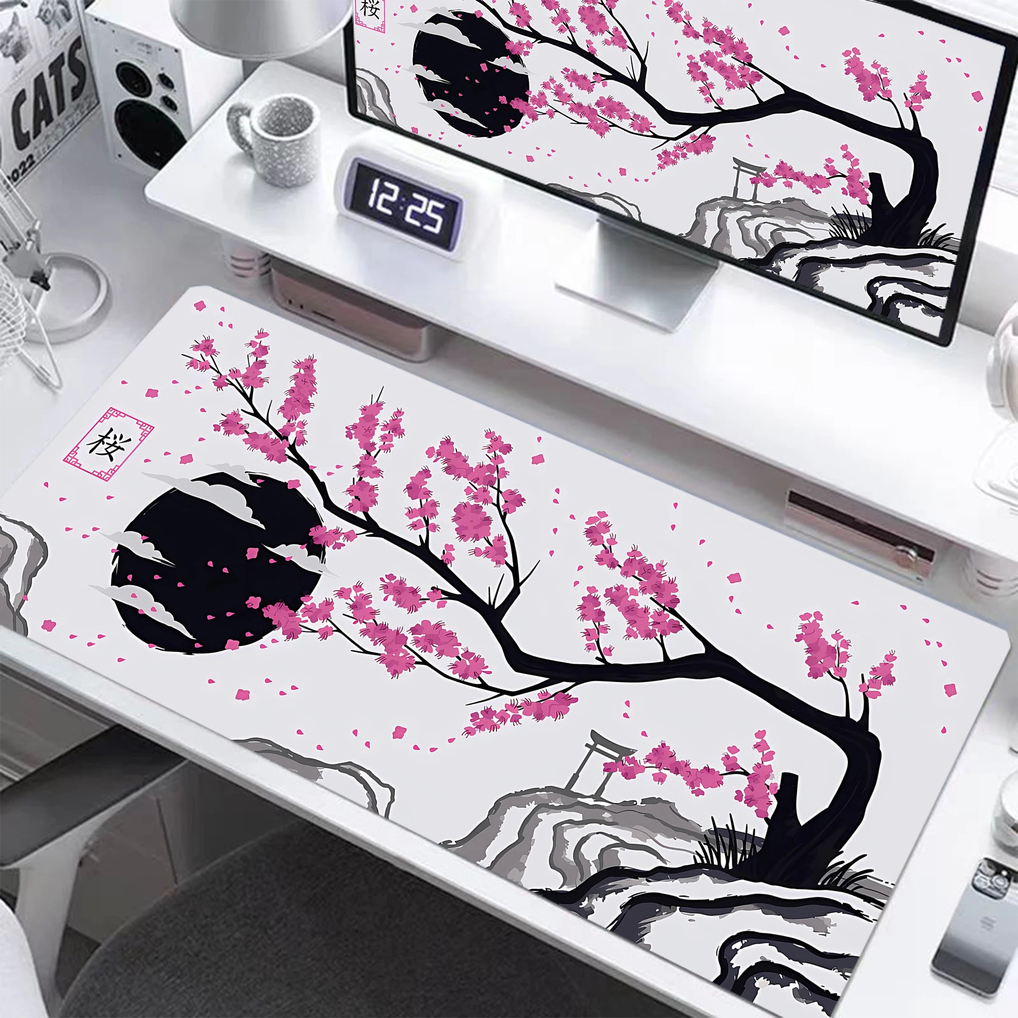 Dark Purple Cherry Blossom Desk Mat, Minimalist Japanese Aesthetic Large Extended Mouse Pad Smooth Surface Ordinateur Portable