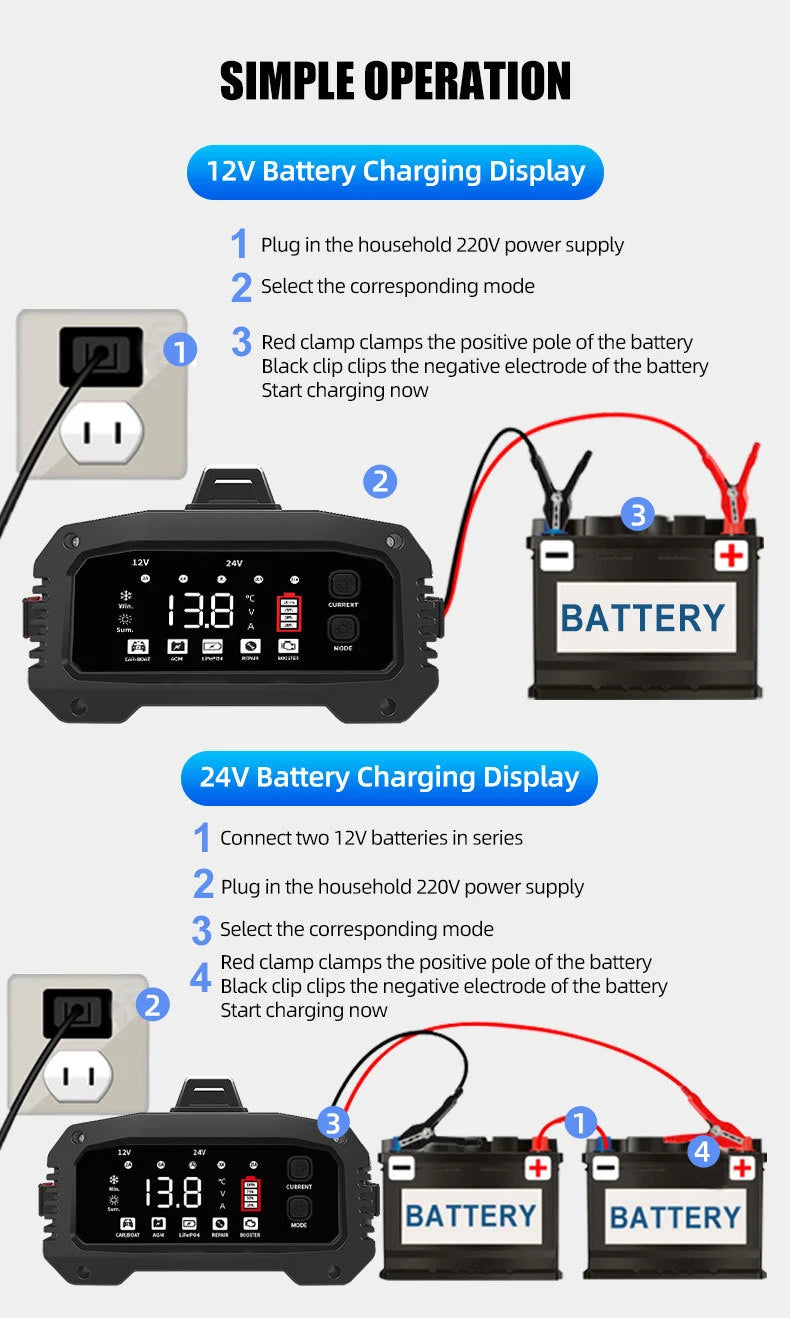 Automatic 12V25A Universal Lifepo4 Lead Acid Battery Clip Charger Aluminum Alloy Construction 1 Year Warranty for Accessories