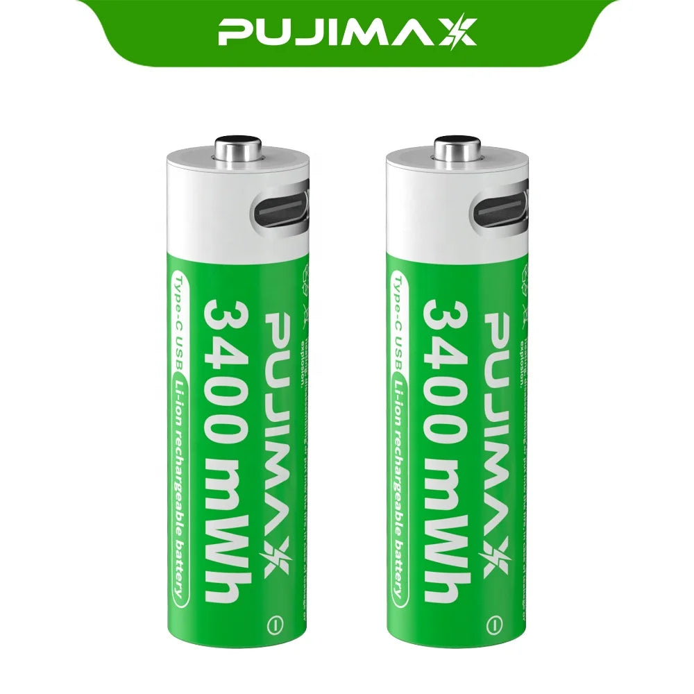 PUJIMAX 2Pcs High Capacity 3400mWh Rechargeable Type C Usb Battery 1.5V AA Cylindrical Lithium Ion Batteries for Toys