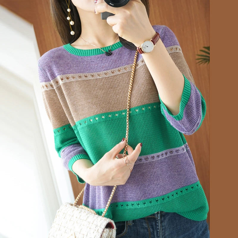 Summer Women knitted Short sleeve 2026 Thin Sweater Female Hollow Out Turtleneck Pullover Ladies knit Cotton Loose Jumpers