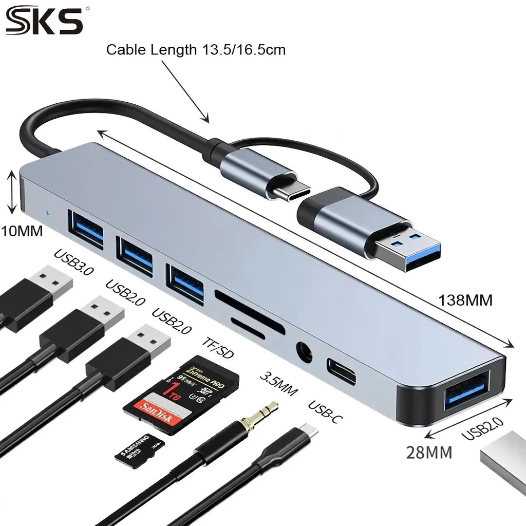 7 in 1 USB 3.0 Hub Dual Input USB Type C Splitter Multi Port USB Adapter With PD Charging for Laptop PC Phone
