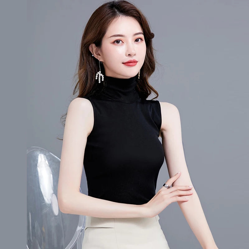 Summer Tops For Women 2026 Turtleneck Basic Sleeveless Lace Tank Tops Women Female Top Korean Tees Black White Blue