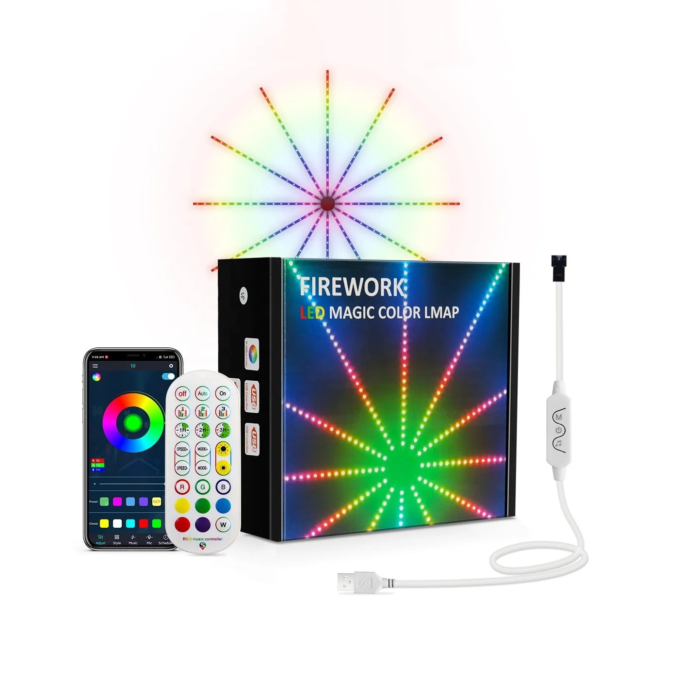 USB Powered Dream Color RGB RGBIC Smart App Remote Control Electronic String Wall Stripes Changing LED Firework Lights