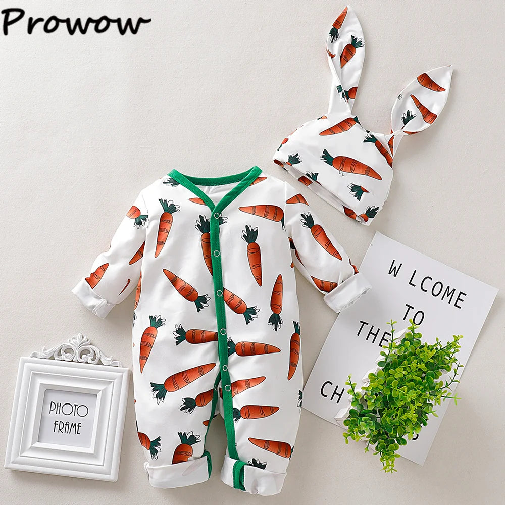 Prowow Baby Easter Costume Girls Boys Long Sleeve Carrot Printed Rompers+Rabbit Hat Bodysuit For Newborns Baby Easter Outfits
