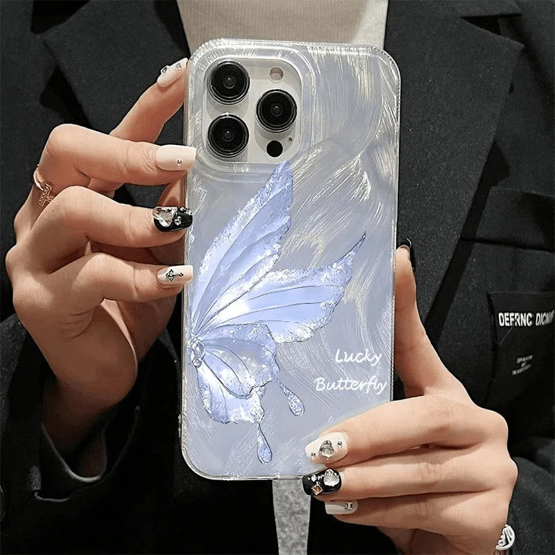 Gradient Silver Wings Butterfly TPU Compatible for 16 Phone Case for 17 Pro Max Feather Yarn Transparent Shockproof