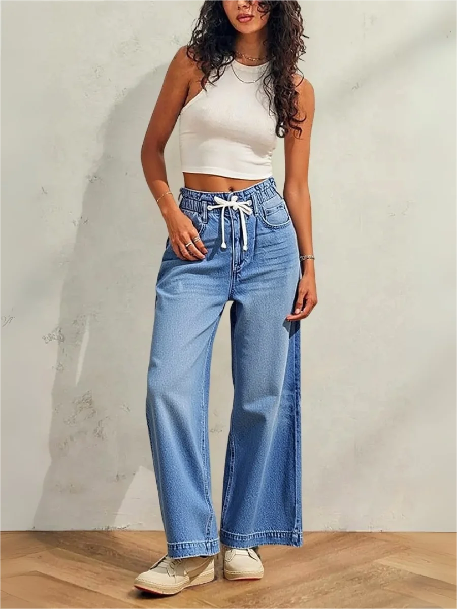 Elastic Ruffled Paperbag Waist Drawstring Loose Wide Leg Light Wash Women's Jeans New Summer Women's Clothing Apparel Clothes