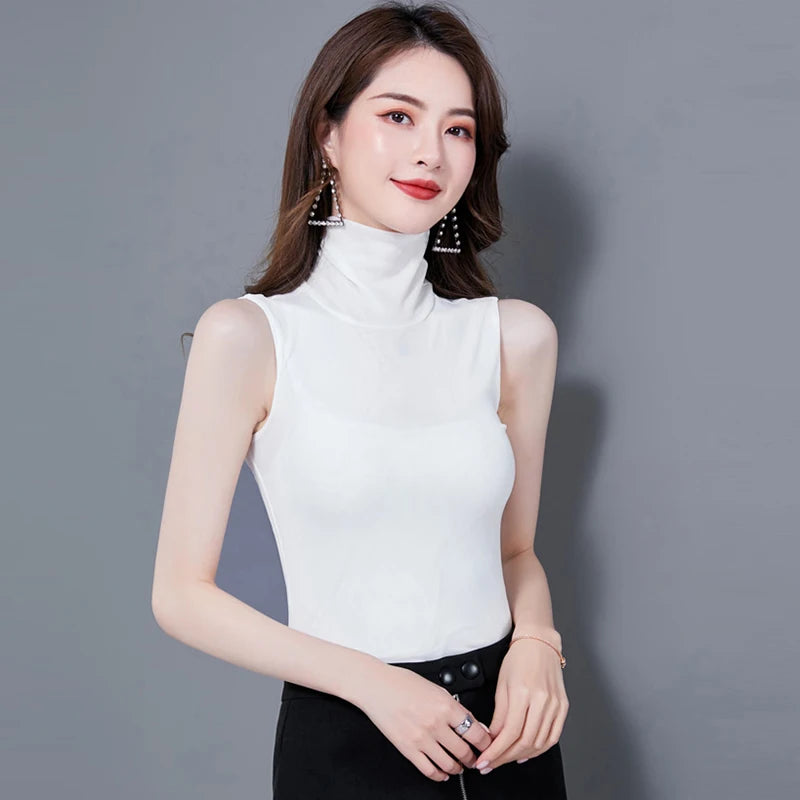 Summer Tops For Women 2026 Turtleneck Basic Sleeveless Lace Tank Tops Women Female Top Korean Tees Black White Blue