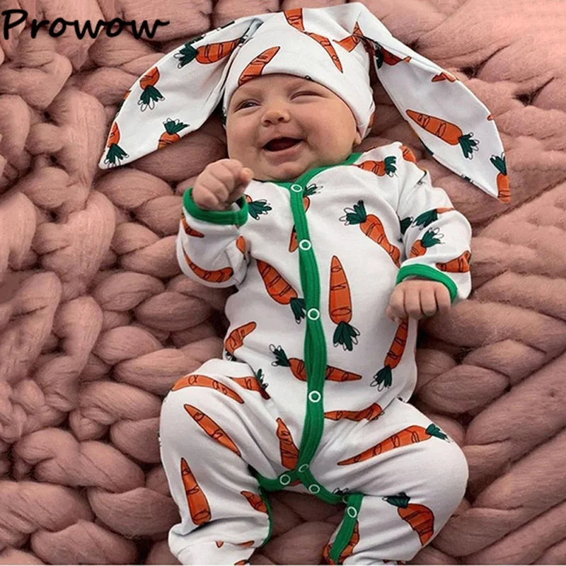Prowow Baby Easter Costume Girls Boys Long Sleeve Carrot Printed Rompers+Rabbit Hat Bodysuit For Newborns Baby Easter Outfits