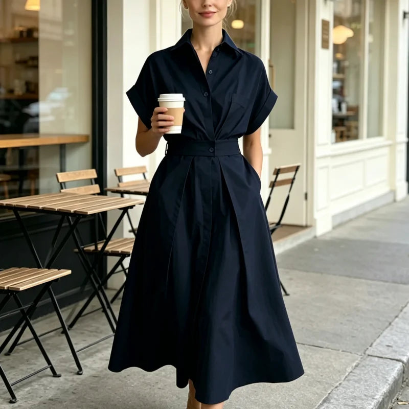2026 New Fashion Solid Long Dress Short Sleeve Loose Elegant Summer Dress Buttons A-line Party Women's Slim Waist Dress