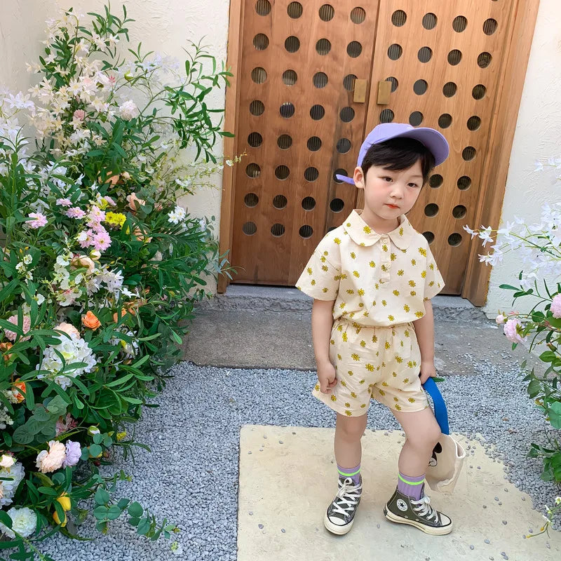 Summer Children Clothes Suit Floral Print Top And Shorts Casual Fashion Suit Kids Clothing For 2-6Y