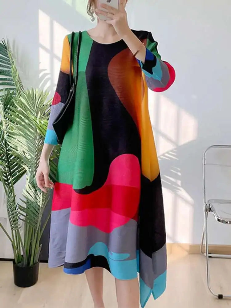 LANMREM Irregular Printing Pleated Dress Women's Round Neck Loose Contrast Color Dresses Female 2025 Spring Summer Tide 2R1504