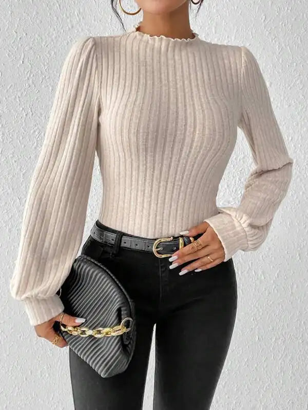 Ribbed Knitted Skinny Body Suit Top for Women Lantern Sleeve Women's wavy stand collar Bodysuit  2023 New Autumn Winter Outfits