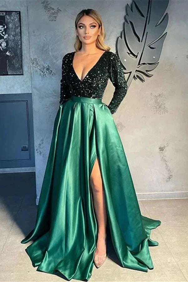 Cross-Border New Single Shoulder Long Sleeve Bead V-Neck Maxi Dress Evening Gown Slit Long Skirt Wide Hem Sparkling Split Dress