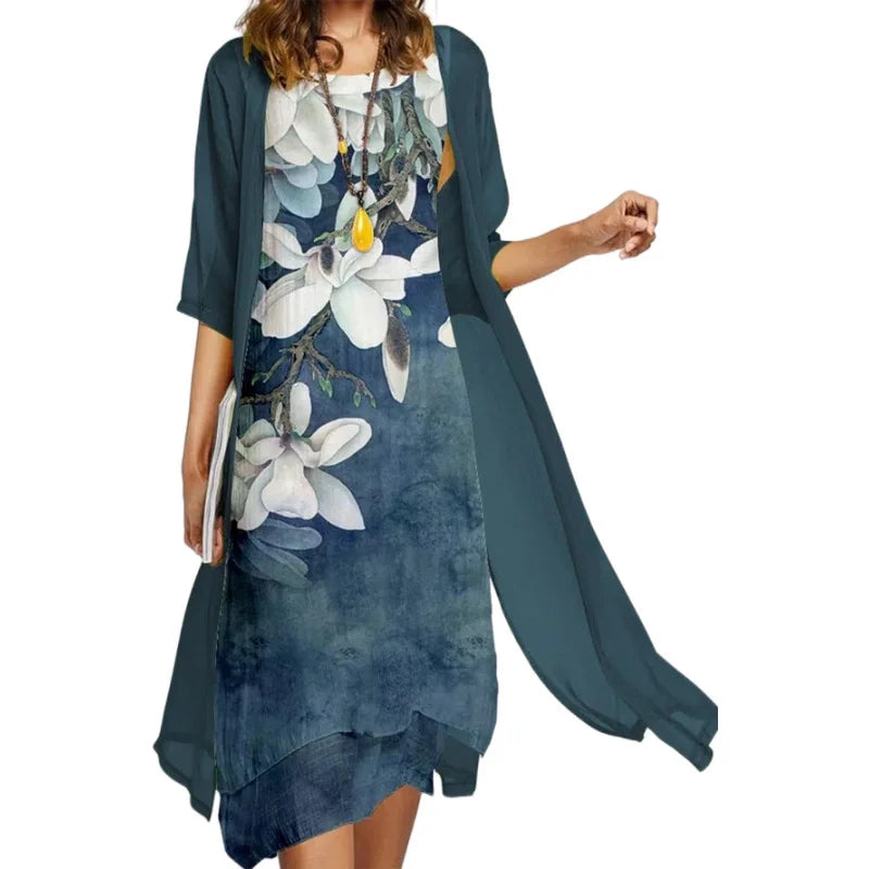 Fall 2025! Europe and the United States cross-border fashion casual loose print dress needle coat two-piece set