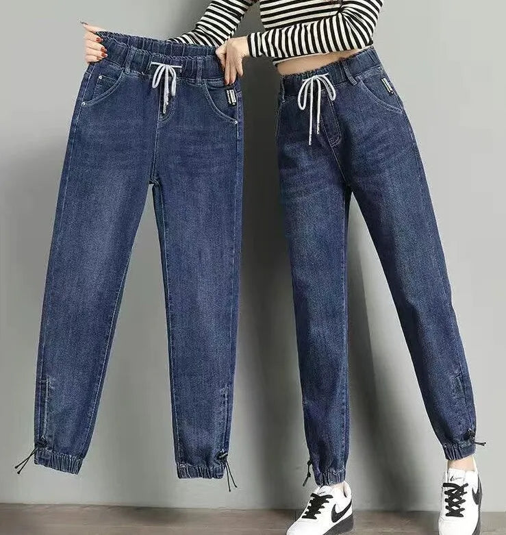 Harajuku Style Women's Jeans Elastic Waist High Waist Cotton Stretch Denim Light Color Pear Shape Body Loose Fit Long Pants