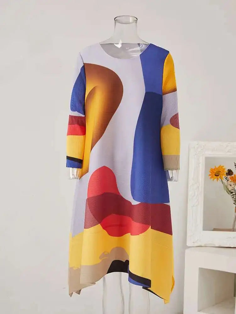 LANMREM Irregular Printing Pleated Dress Women's Round Neck Loose Contrast Color Dresses Female 2025 Spring Summer Tide 2R1504