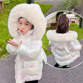 2026 Winter Coats Girls Warm Long Down Jackets Kids Fashion Unicorn Shiny Waterproof Parka Children Fur Collar Hooded Outerwear