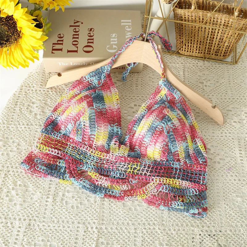 Crop Tops Retro Wild Hollow Perspective Tassel Sexy Spaghetti Strap Tanke Top Women Built In Bra 2021 New Back Lace Halter Neck