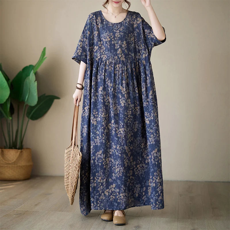 THHONE Vestidos Para Mujer Bohemian Print Maxi Long Dress for Women 2024 Floral Casual Cotton Linen Loose Vintage Robe Dresses