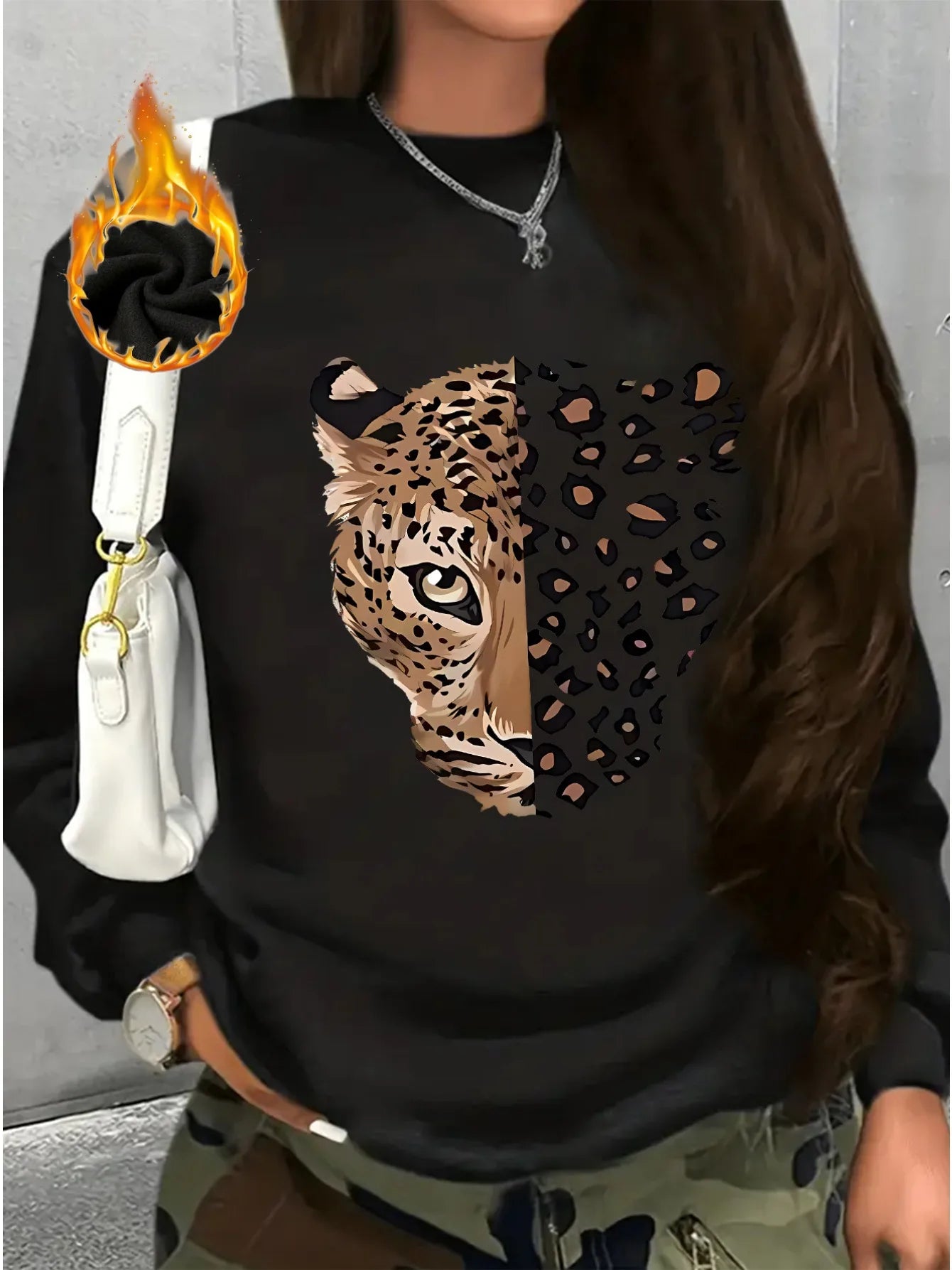 Women's autumn and winter casual, fashionable, loose, comfortable, warm, Paris pattern printed round neck long sleeved pullover