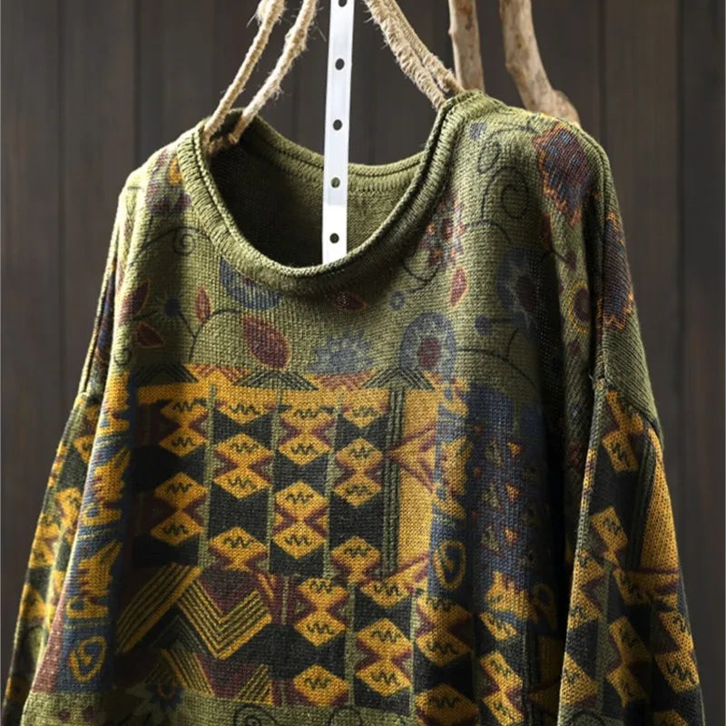 Johnature Vintage Loose Personality O-Neck Sweater 2025 Woman Winter New Long Sleeves Chinese Style Vintage Style Sweater
