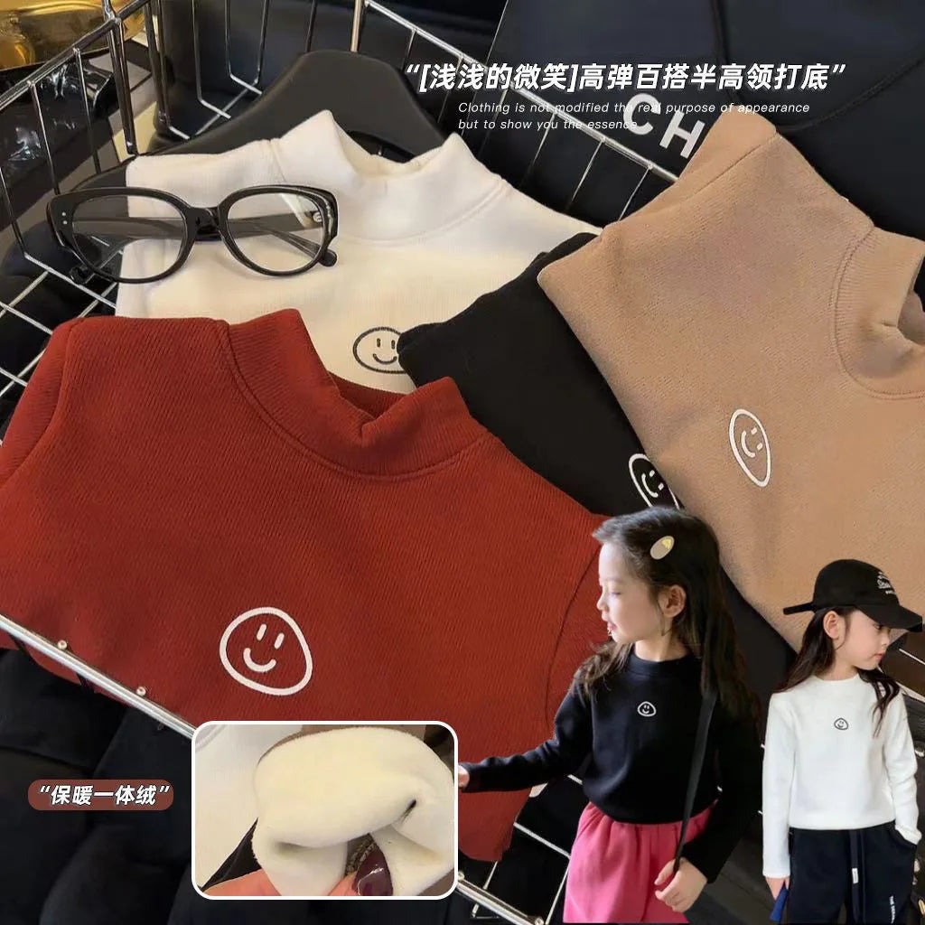 1pcs Autumn Winter Childrens T-Shirt Solid Velvet Warm Tops Babys Kids Half High Collar Long Sleeve Base Shirt Girls Boys Tshirt