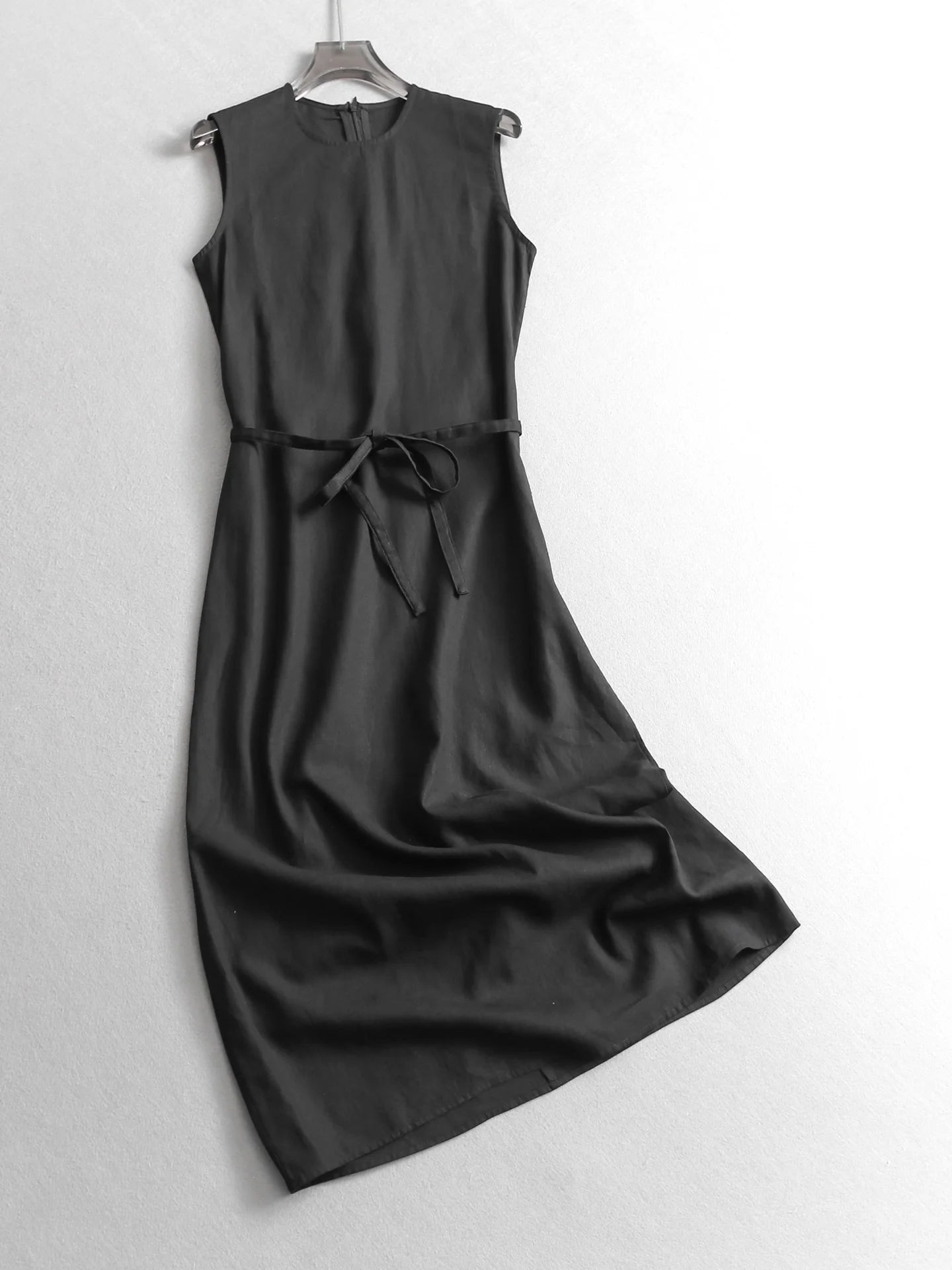 Mixed Cotton Linen Waist-Cinching Slim Fit round Neck Sleeveless Midi Dress Casual Breathable Comfortable Skin-friendly Summe...