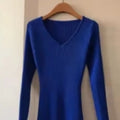 2026 New Basic Fashion Women Elastic Solid Elegant V Neck Sweater Dress Long Sleeve Ladies Side Open Midi Long Dress